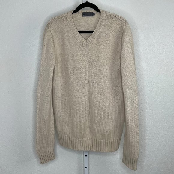 VINCE Ivory 50% Yak, 50% Wool Super Soft V Neck Sweater, Men's Large - Picture 9 of 11